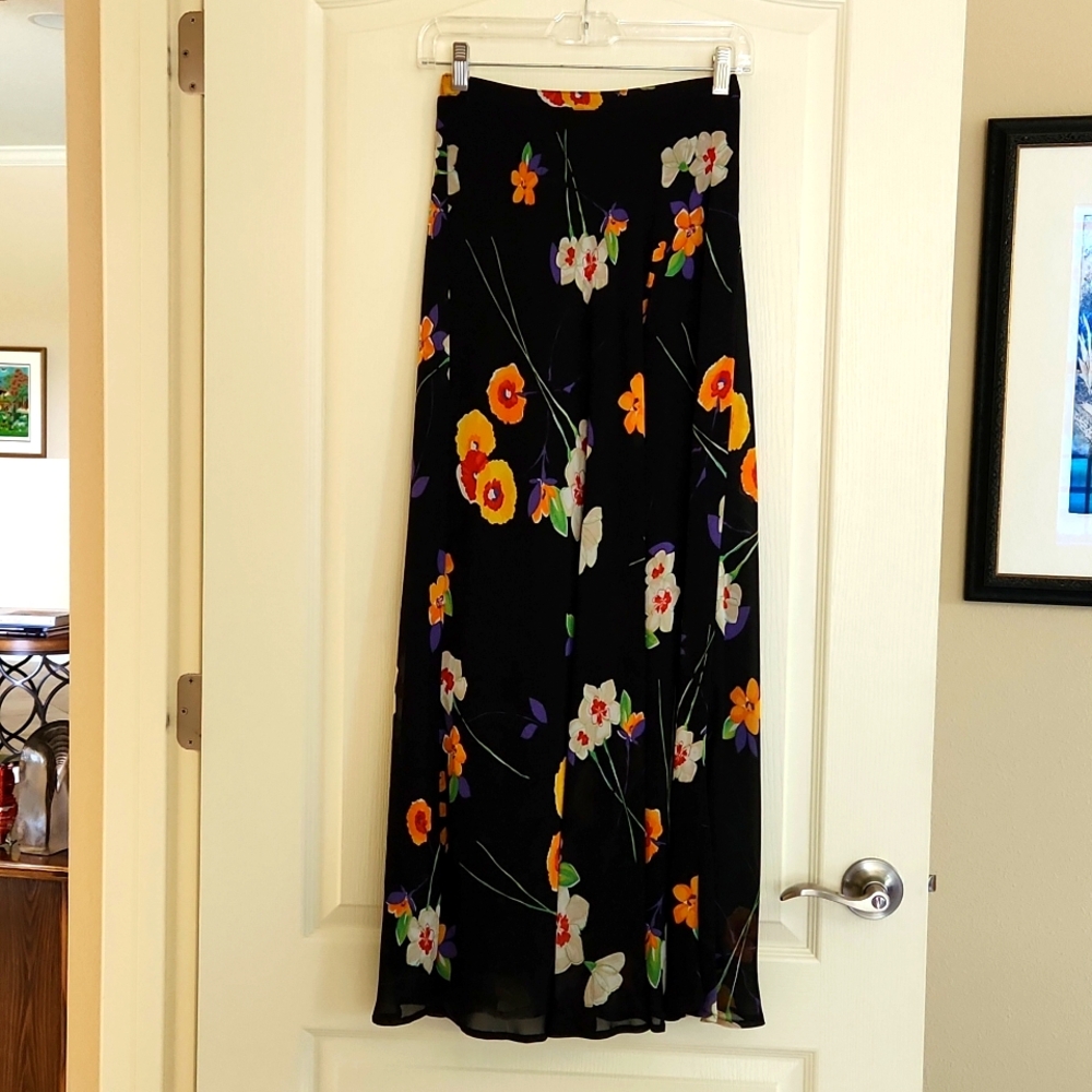 Dressy long skirt by Tessuto. Multi colored flowers on black. Sheer rayon. Small